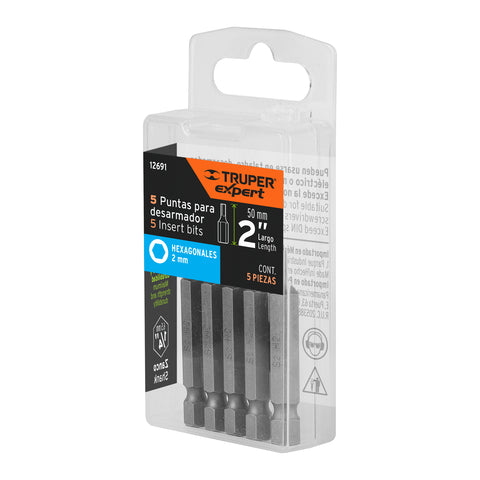 Estuche con 5 puntas hexagonales de 2 mm largo 2', Expert | PUDE-7202 | 12691