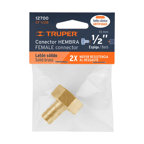 Conector 1/2' hembra de latón sólido para manguera, Truper | CF-1/2B | 12700