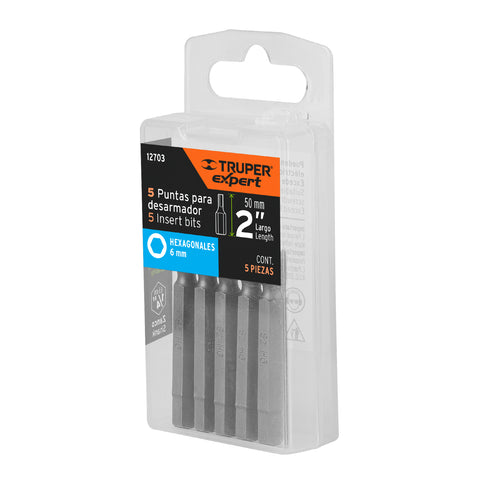 Estuche con 5 puntas hexagonales de 6 mm largo 2', Expert | PUDE-7206 | 12703