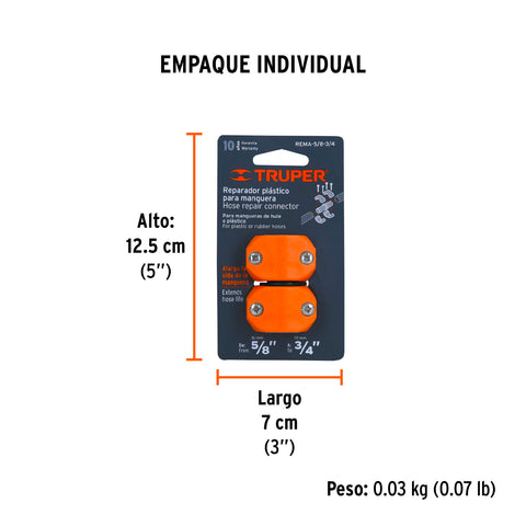Reparador 5/8'-3/4' de ABS para manguera, Truper | REMA-5/8-3/4 | 12720