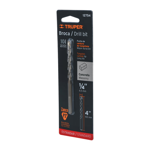 Broca para concreto de 1/4 x 4' en blíster, TRUPER | BCT-1/4X4-B | 12754