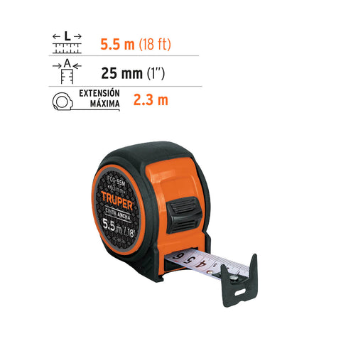 Flexómetro compacto contra impactos 5.5 m cinta 25 mm,TRUPER | FCG-55M | 12773