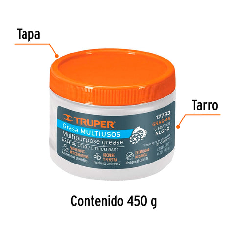 Grasa lubricante multiusos, base litio, 450 g, Truper | GRAS-45 | 12783