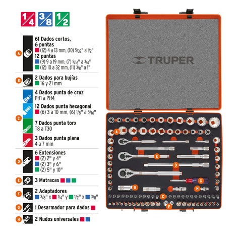 Juego 103 herramientas 1/4', 3/8' y 1/2' std y mm p/mecánico | JD-103MP | 12893