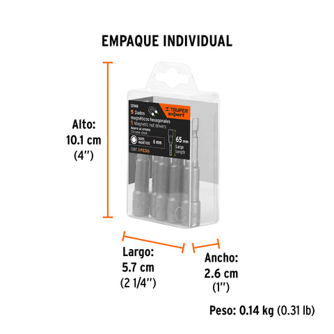 Estuche con 5 dados magnéticos de 6 mm largo 2-1/2', Expert | PUDE-9006 | 12946