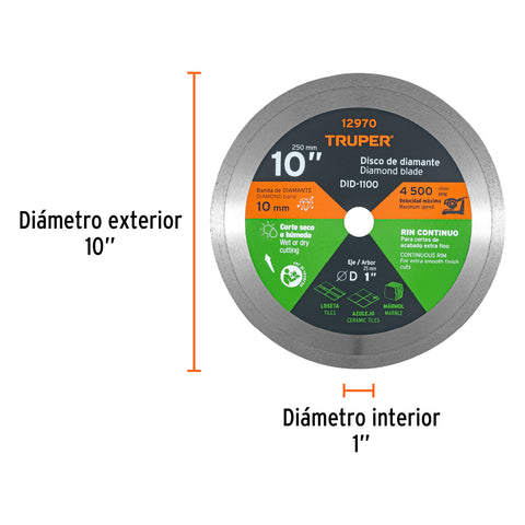 Disco de diamante de 10' x 2.2 mm, rin continuo, TRUPER | DID-1100 | 12970