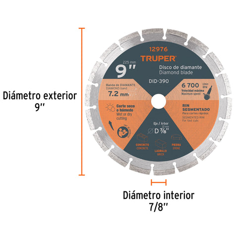 Disco de diamante de 9' x 2.7 mm, rin segmentado, TRUPER | DID-390 | 12976