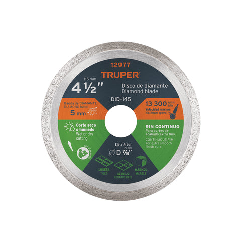 Disco de diamante de 4-1/2' x 1.6 mm, rin continuo, TRUPER | DID-145 | 12977