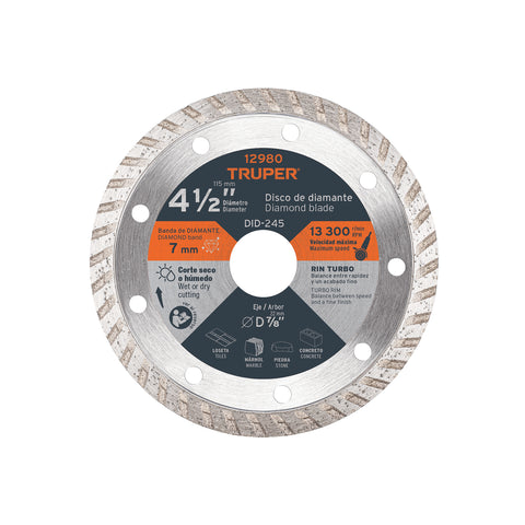 Disco de diamante de 4-1/2' x 2.2 mm, rin turbo, TRUPER | DID-245 | 12980