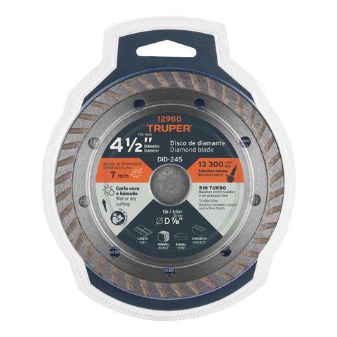 Disco de diamante de 4-1/2' x 2.2 mm, rin turbo, TRUPER | DID-245 | 12980