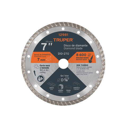 Disco de diamante de 7' x 2.8 mm, rin turbo, TRUPER | DID-270 | 12981