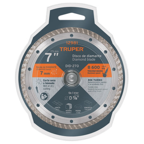 Disco de diamante de 7' x 2.8 mm, rin turbo, TRUPER | DID-270 | 12981
