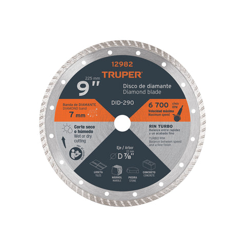 Disco de diamante de 9' x 3 mm, rin turbo, TRUPER | DID-290 | 12982