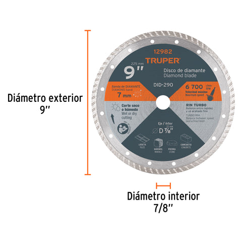 Disco de diamante de 9' x 3 mm, rin turbo, TRUPER | DID-290 | 12982