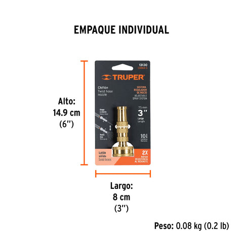 Chiflón 3' de latón maquinado para manguera, Truper | CHMA-3 | 13130