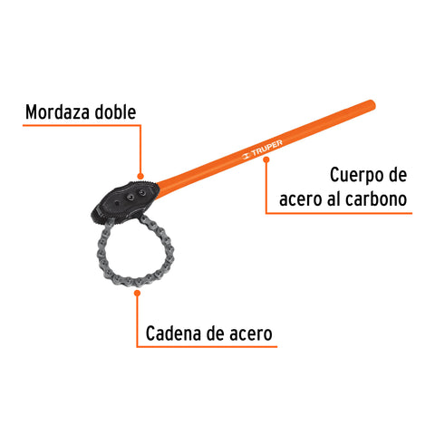 Llave de cadena tipo caimán uso pesado, mango de 28', Truper | LLC-802 | 13140