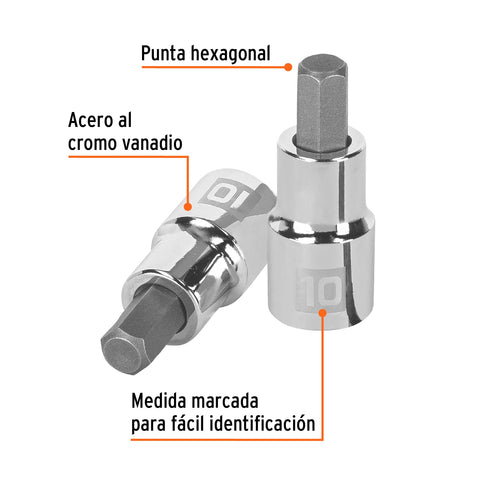 Dado punta hexagonal de 10 mm, cuadro 1/2', Truper | D-1241-10M | 13283