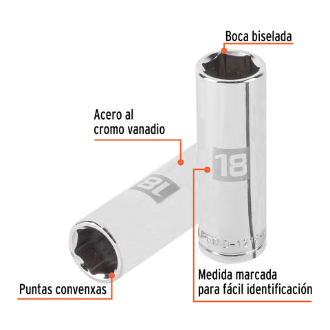 Dado largo de 18 mm, 6 puntas, cuadro 1/2', Truper | D-1218-ML | 13358