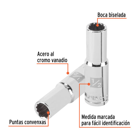 Dado largo de 1/2', 12 puntas, cuadro 1/2', Truper | D-1216-EL | 13360