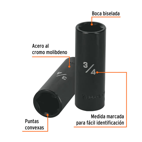 Dado largo impacto de 3/4', 6 puntas, cuadro 1/2', Truper | D-7324-HL | 13392