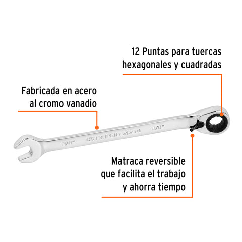 Llave combinada matraca reversible 3/8'x158 mm largo, Expert | LL-2012XR | 13425