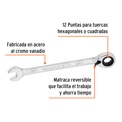 Llave combinada matraca reversible 7/16'x163 mm largo,Expert | LL-2014XR | 13429