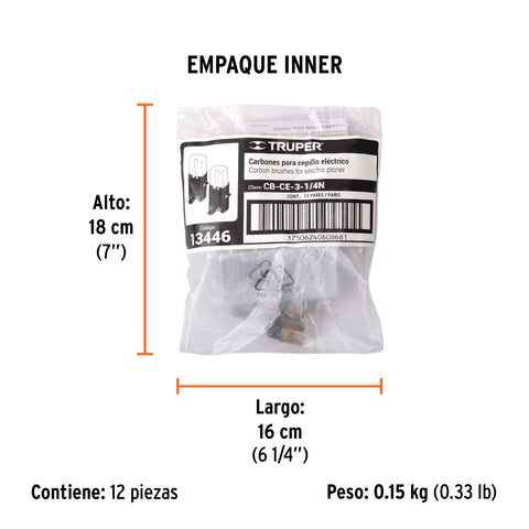 Bolsa con 2 carbones de repuesto para CEPEL-3-1/4N, TRUPER | CB-CE-3-1/4N | 13446