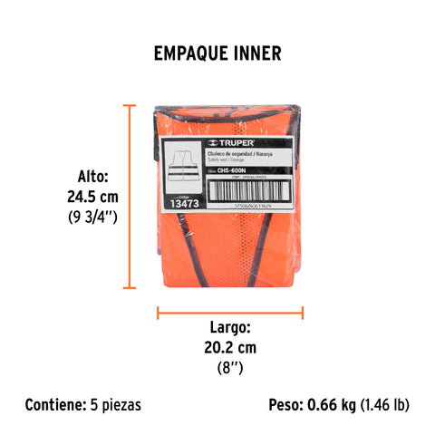 Chaleco de seguridad naranja alta visibilidad con cierre | CHS-600N | 13473