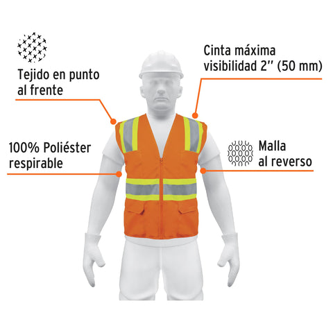 Chaleco de seguridad naranja max visibilidad y 6 bolsas | CHS-700N | 13475