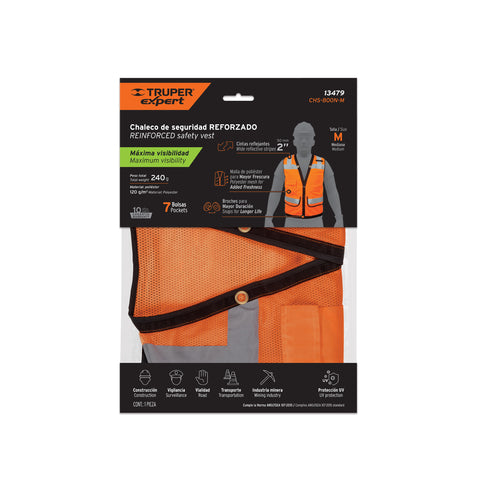 Chaleco seguridad reforzado naranja con bolsas, M, EXPERT | CHS-800N-M | 13479
