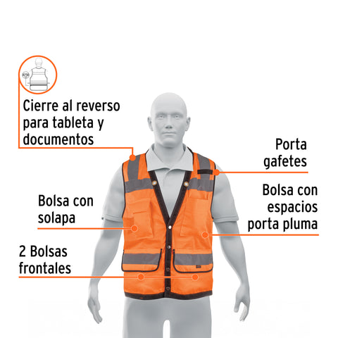 Chaleco seguridad reforzado naranja con bolsas, G, EXPERT | CHS-800N-L | 13480