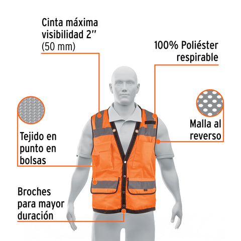Chaleco seguridad reforzado naranja con bolsas, G, EXPERT | CHS-800N-L | 13480