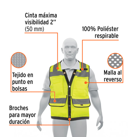 Chaleco seguridad reforzado verde con bolsas, M, EXPERT | CHS-800V-M | 13482