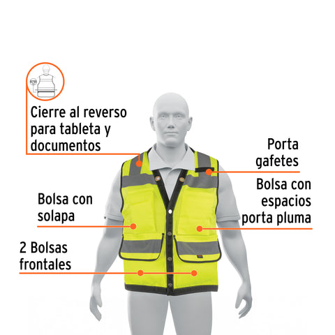 Chaleco seguridad reforzado verde con bolsas, G, EXPERT | CHS-800V-L | 13483