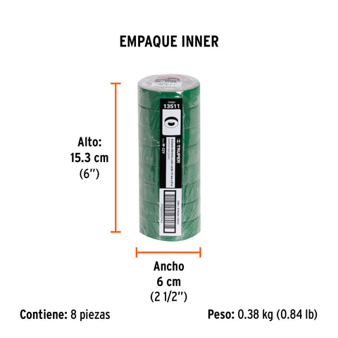 Cinta de aislar de 9 m x 19 mm, verde, Truper | M-22V | 13511
