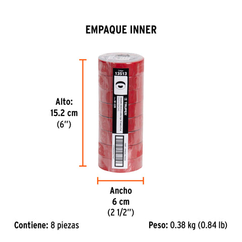 Cinta de aislar de 9 m x 19 mm, roja, Truper | M-22R | 13513