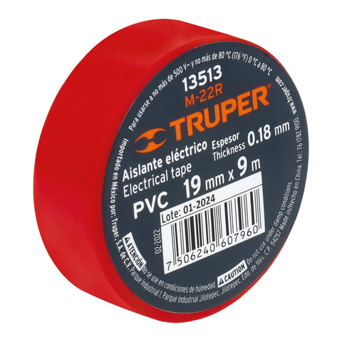 Cinta de aislar de 9 m x 19 mm, roja, Truper | M-22R | 13513