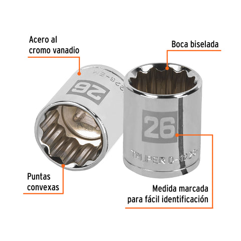 Dado de 26 mm, 12 puntas, cuadro 1/2', Truper | D-1226-EM | 13540