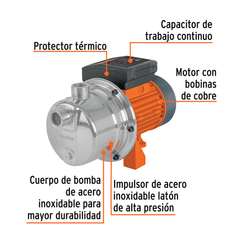 Bomba tipo jet, cabezal de acero inoxidable, 1/2 HP, TRUPER | BOAJ-1/2I | 13555