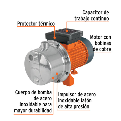 Bomba tipo jet, cabezal de acero inoxidable, 3/4 HP, TRUPER | BOAJ-3/4I | 13557