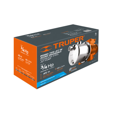 Bomba tipo jet, cabezal de acero inoxidable, 3/4 HP, TRUPER | BOAJ-3/4I | 13557