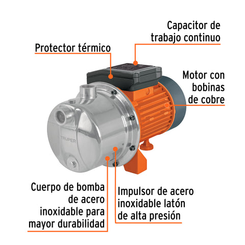 Bomba tipo jet, cabezal de acero inoxidable, 1 HP, TRUPER | BOAJ-1I | 13559