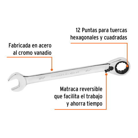 Llave combinada matraca reversible 7/8'x288 mm largo, Expert | LL-2028XR | 13600