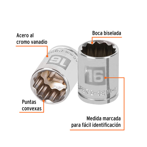 Dado de 16 mm, 12 puntas, cuadro 3/8', Truper | D-3816-M | 13636