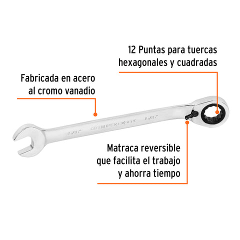 Llave combinada matraca reversible 15/16'x332mm largo,Expert | LL-2030XR | 13648