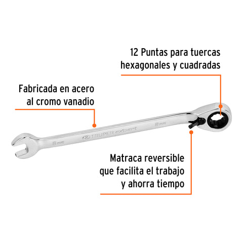 Llave combinada matraca reversible 8 mmx136 mm largo, Expert | LL-2008MXR | 13656