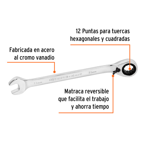 Llave combinada matraca reversible 11mmx160 mm largo, Expert | LL-2011MXR | 13666