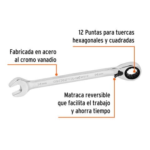 Llave combinada matraca reversible 14mmx188 mm largo, Expert | LL-2014MXR | 13699