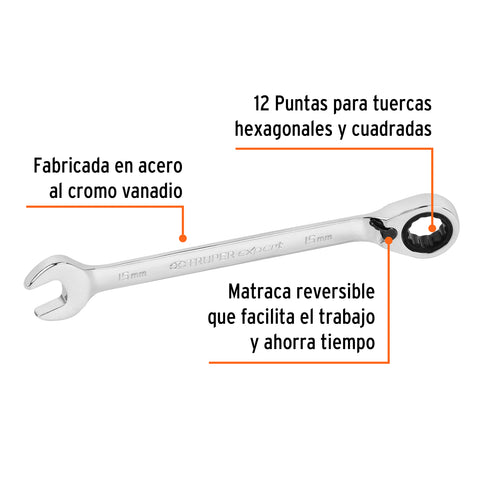 Llave combinada matraca reversible 15mmx198 mm largo, Expert | LL-2015MXR | 13711