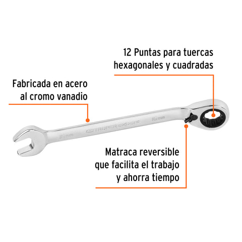 Llave combinada matraca reversible 16mmx205 mm largo, Expert | LL-2016MXR | 13727